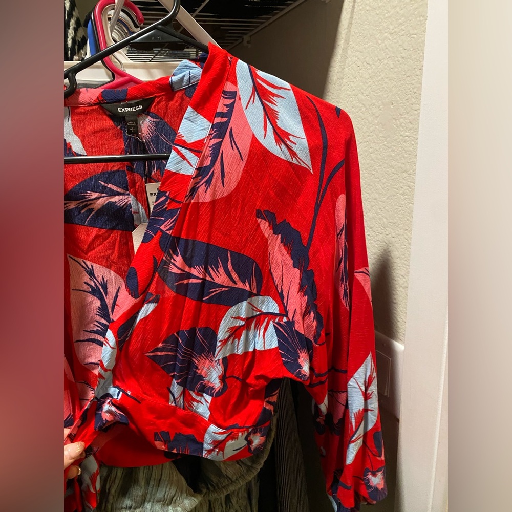 Express Red Floral Tie-Front Blouse - Picture 3 of 4